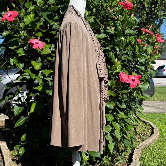 Coldwater Creek 1X Taupe Laser Cut Faux Suede Waterfall Cardigan Sweater Jacket - Picture 7 of 10